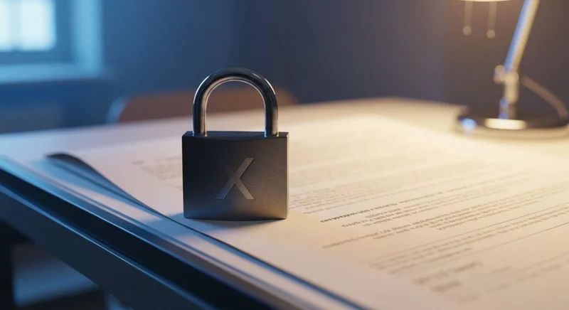 Candado de acero con logotipo X grabado sobre documento grande