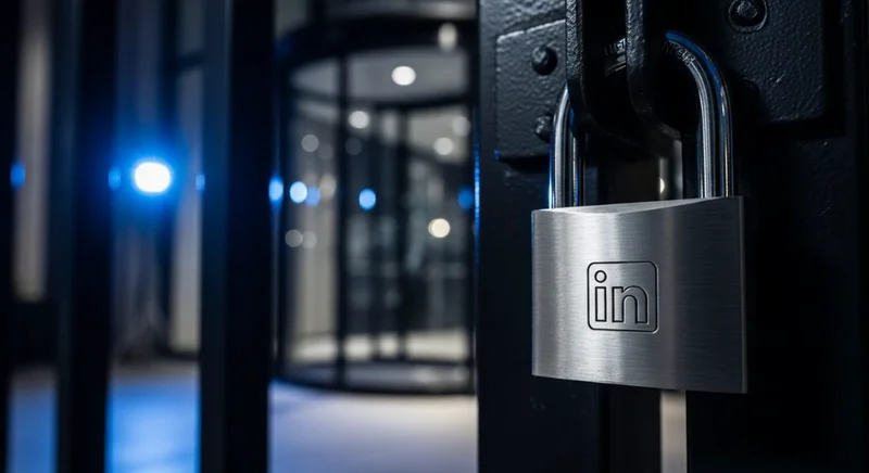 Candado de acero LinkedIn en reja metálica negra iluminado