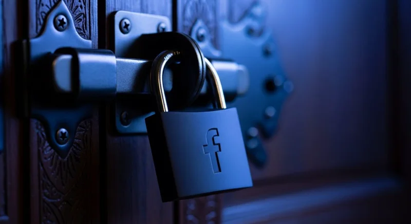 Candado negro mate con logo de Facebook en puerta de madera