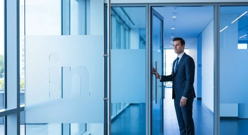 Candidato profesional en traje frente a puerta con logotipo LinkedIn