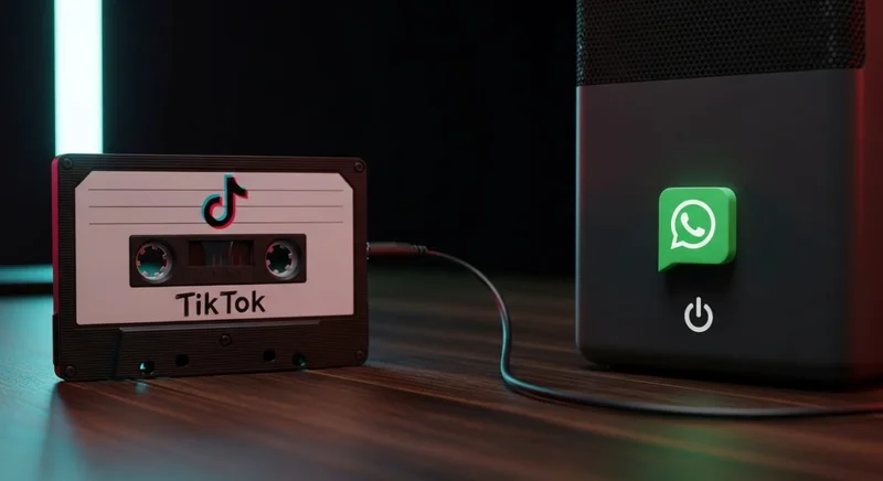 Casete de audio con logos de TikTok y WhatsApp iluminados