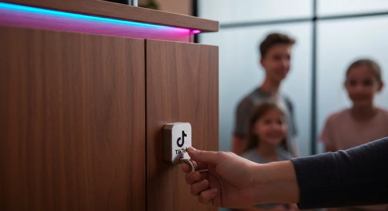 Cerradura de metal en mueble de nogal con logotipo TikTok