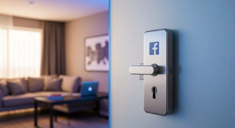 Cerradura moderna en puerta de vidrio esmerilado con logo Facebook
