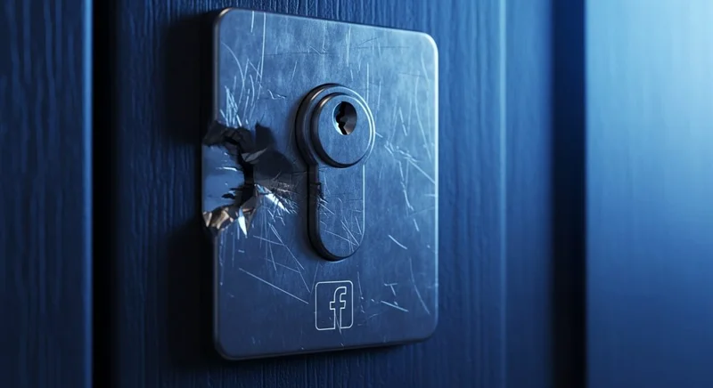 Cerradura puerta moderna rota con logo Facebook visible