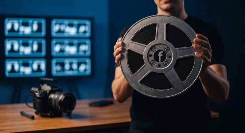 Cineasta con carrete vintage y logo f grabado en centro