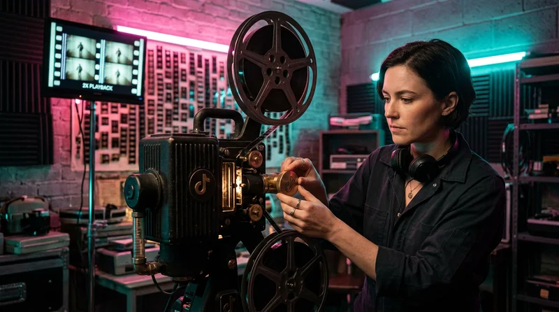 Cinematografo ajusta proyector vintage con logo TikTok grabado en perilla