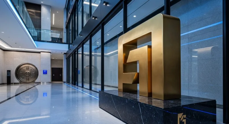 Colosal escultura dorada del logo Meta en lujoso lobby bancario