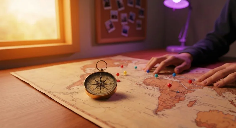Compás latón con logo Instagram sobre mapa mundial y pines