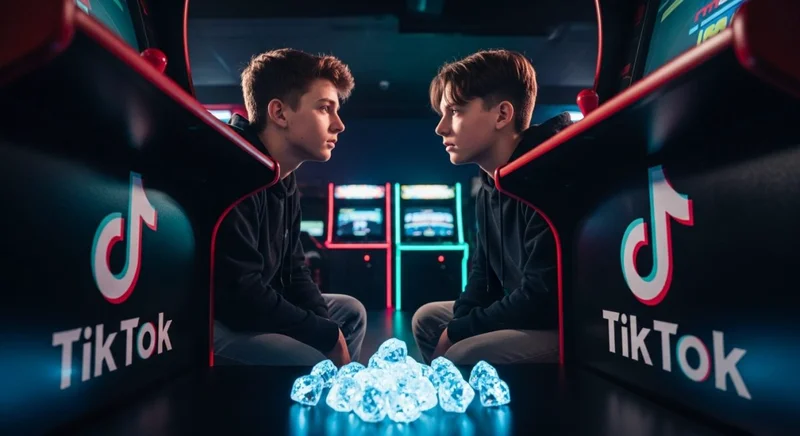 Competidores en una arcade con logo de TikTok en cabina