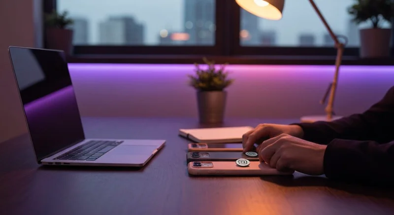 Comprador atento sentado frente a dos teléfonos con insignia Instagram