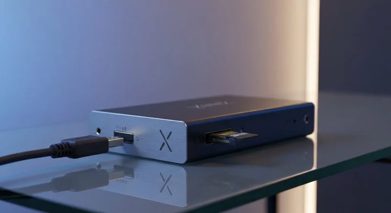 Convertidor de video con logo X en mesa de vidrio