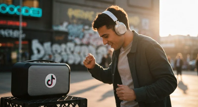 Creador callejero baila con audífonos inalámbricos TikTok frente graffiti