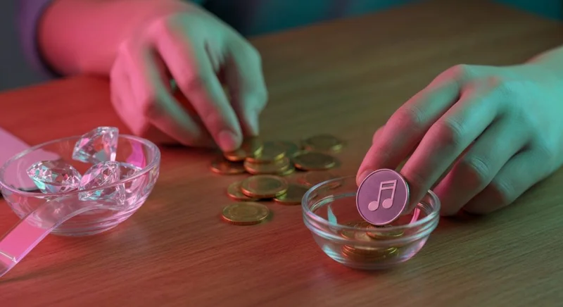 Creador contando monedas doradas junto a cuenco cristal logotipo grabado