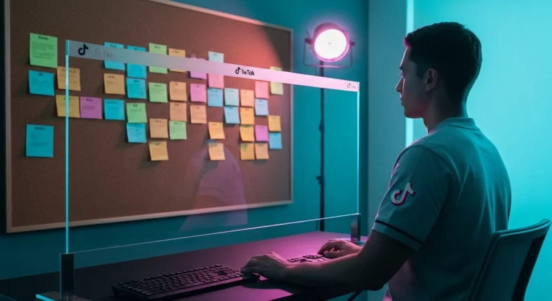 Creador de contenido ante escritorio de edición con logo TikTok