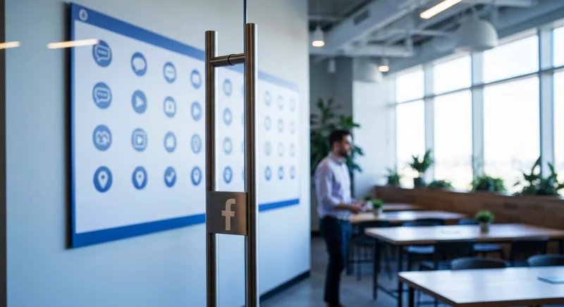 Creador de contenido en coworking ante tablero Facebook con iconos