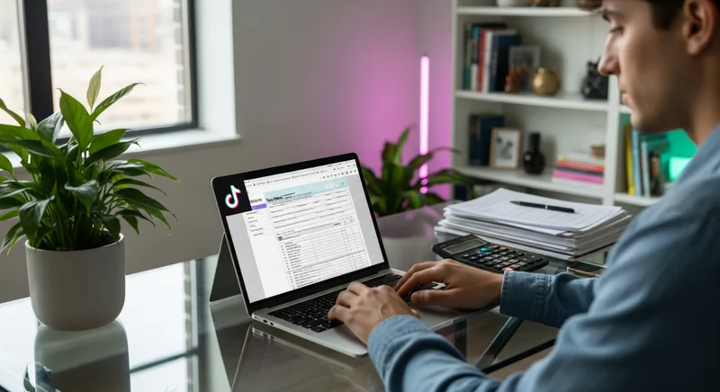 Creador de contenido en escritorio de vidrio con laptop TikTok