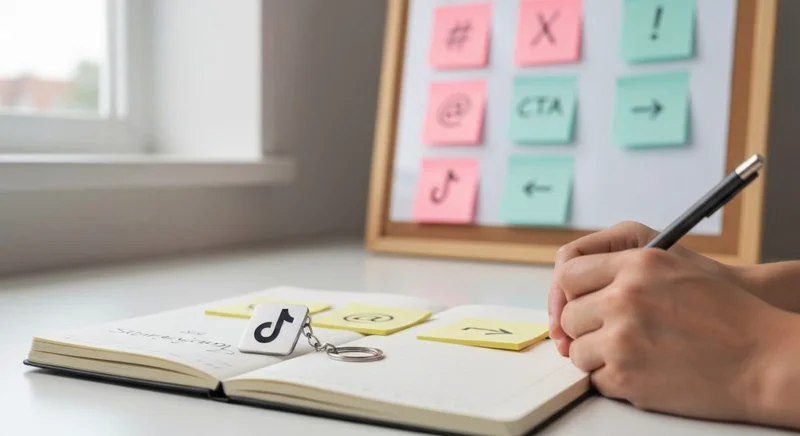 Creador de contenido en escritorio minimalista con logo TikTok visible