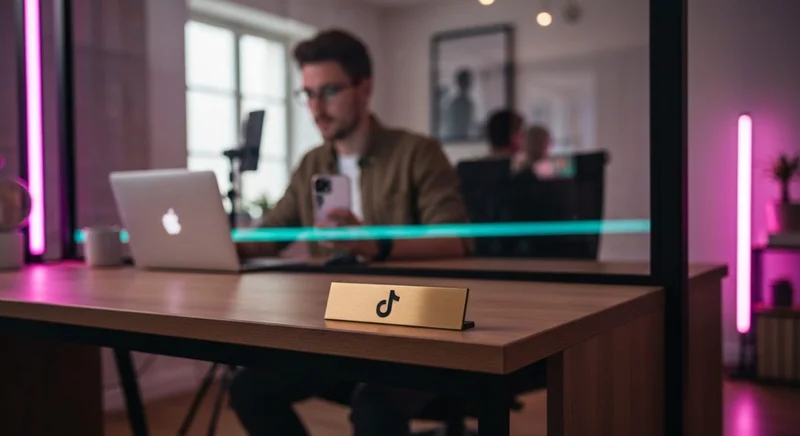 Creador de contenido en escritorio moderno con placa TikTok grabada
