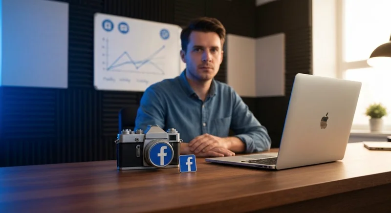 Creador de contenido en estudio con cámara vintage insignia Facebook