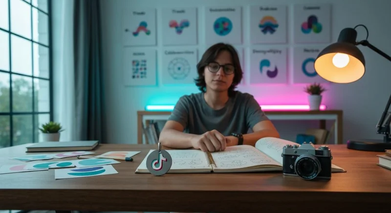 Creador de contenido en estudio con colgante TikTok y cámara