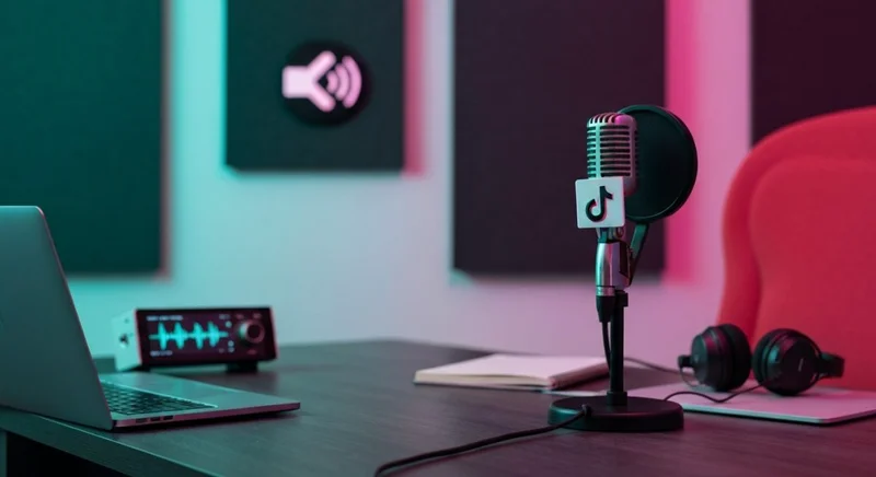 Creador de contenido en estudio con micrófono dinámico vintage TikTok