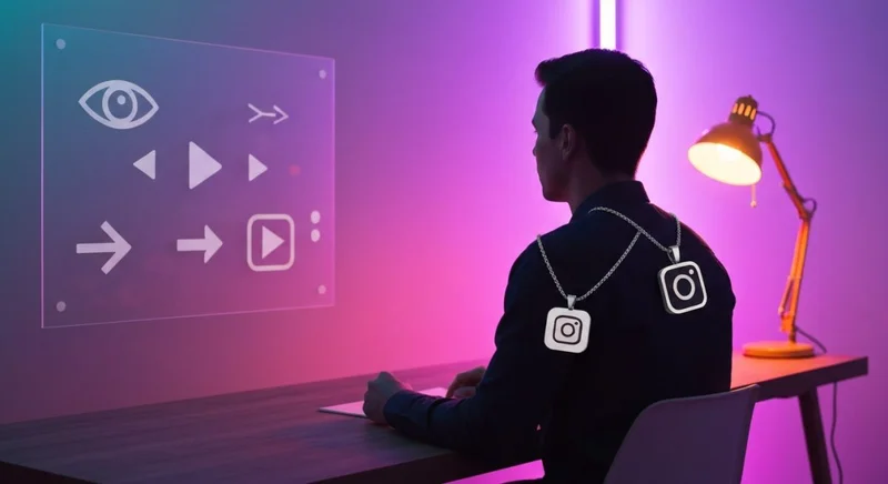 Creador de contenido en estudio minimalista con colgante Instagram visible