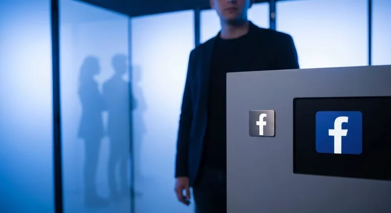 Creador de contenido en estudio minimalista con logo de Facebook