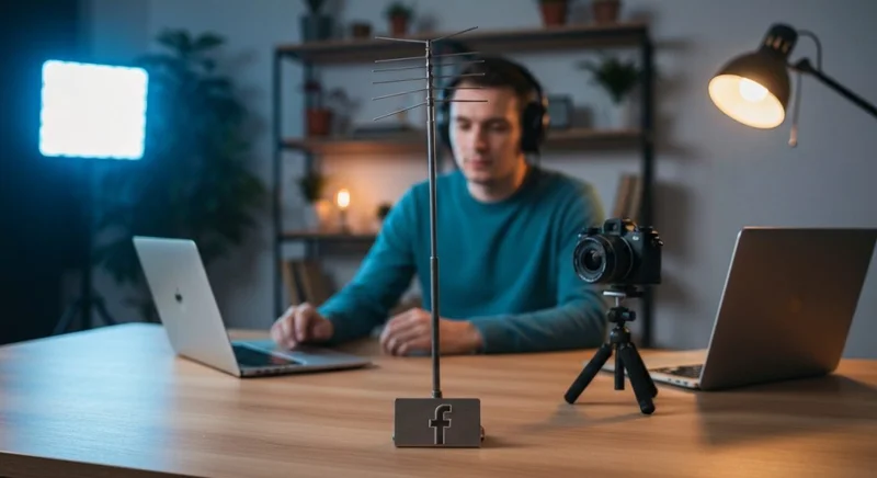 Creador de contenido en estudio moderno con antena y Facebook