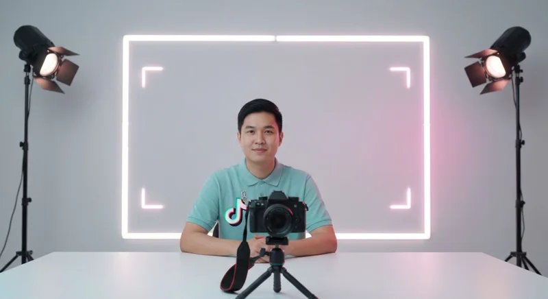 Creador de contenido en estudio moderno con cámara mirrorless TikTok