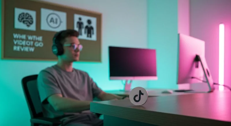 Creador de contenido en mesa de edición con placa TikTok