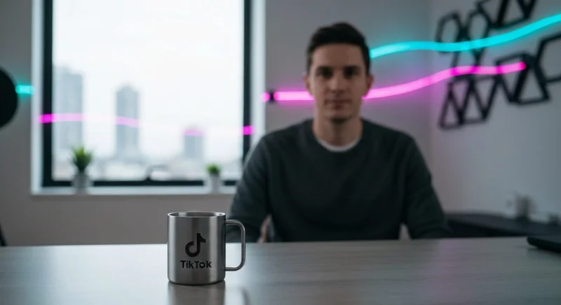 Creador de contenido frente a la cámara con taza TikTok