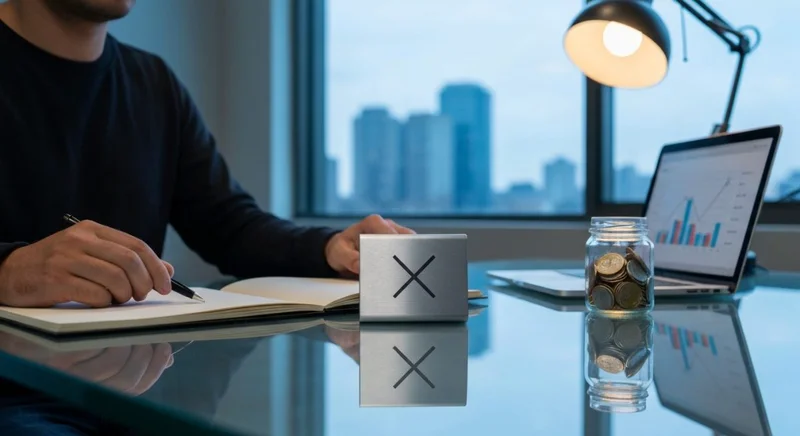 Creador de contenido frente escritorio vidrio con monedas logo X
