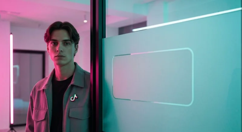 Creador de contenido joven frente a pared de vidrio TikTok