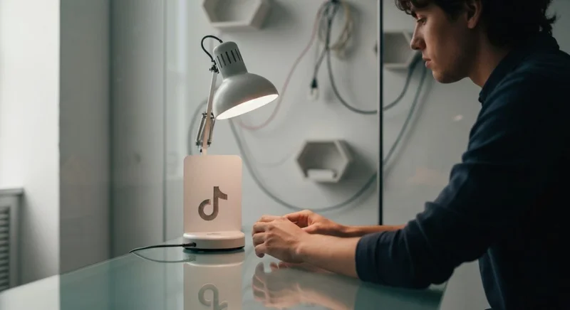 Creador de contenido sentado en escritorio de vidrio con TikTok