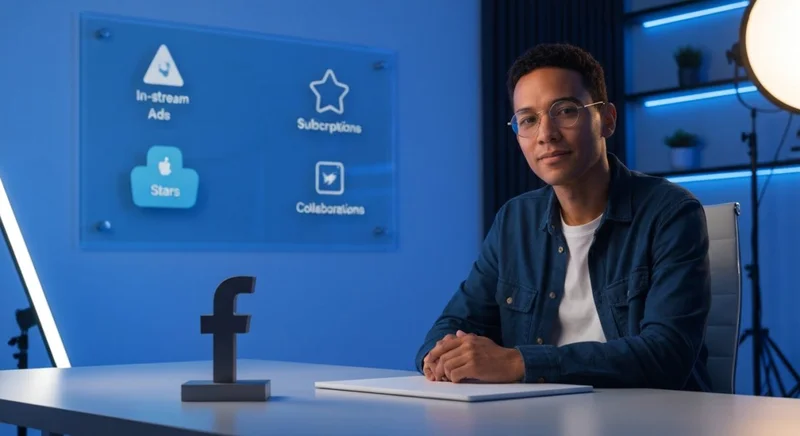 Creador de contenido sentado en escritorio minimalista con logo Facebook