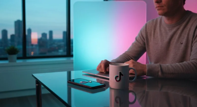 Creador de contenido sentado en escritorio minimalista con logo TikTok