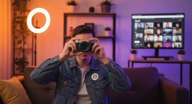 Creador de contenido sentado en sofá con cámara POV Instagram