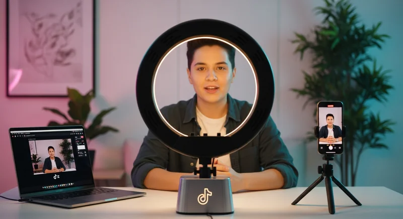 Creador de TikTok en estudio compacto con anillo de iluminación