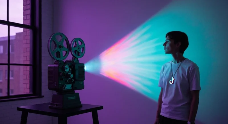 Creador de TikTok en loft de edición frente proyector vintage