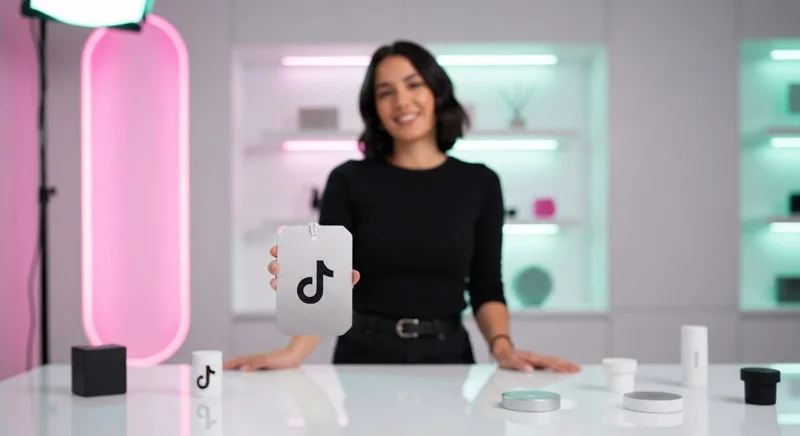 Creador de TikTok frente a mesa exhibidora con logo grabado