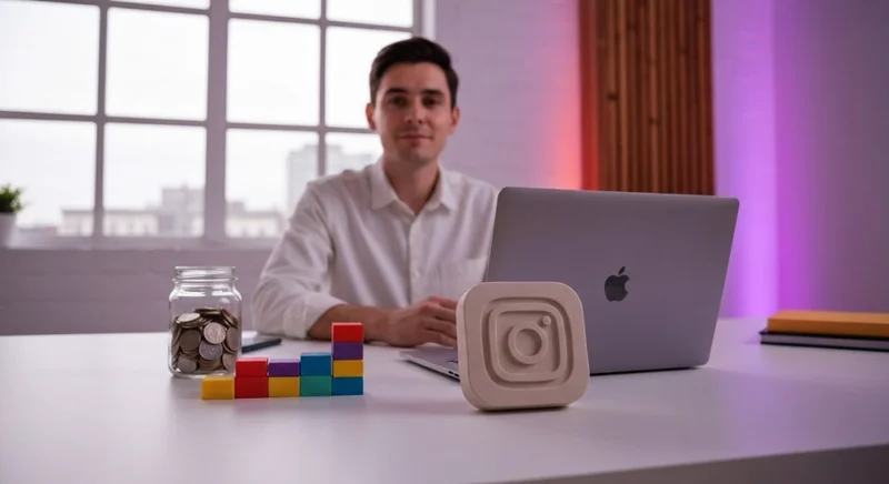 Creador en escritorio minimalista rodeado de monetizacion y escultura Instagram