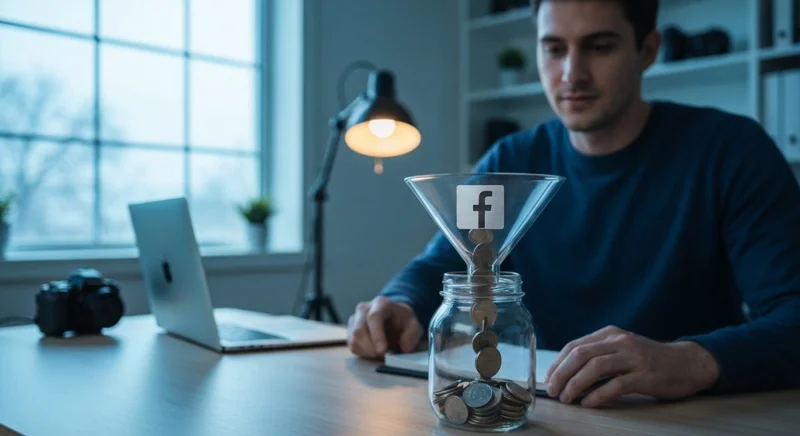 Creador en estudio con embudo de vidrio y monedas Facebook