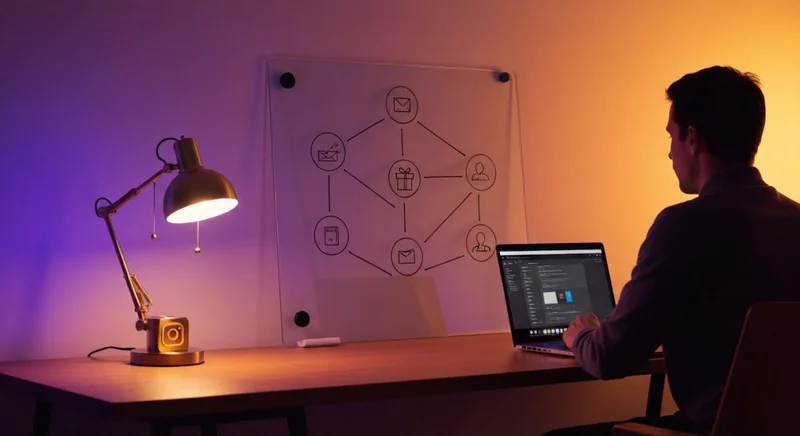 Creador en estudio minimalista frente a portátil y pizarra Instagram