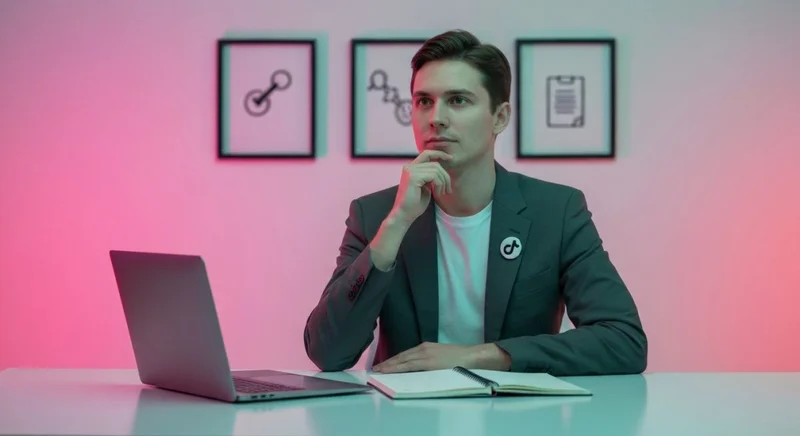 Creador sentado frente a escritorio minimalista con pin TikTok visible
