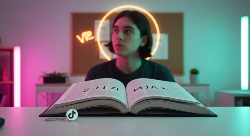 Creador TikTok joven en estudio moderno mirando diccionario con glifos