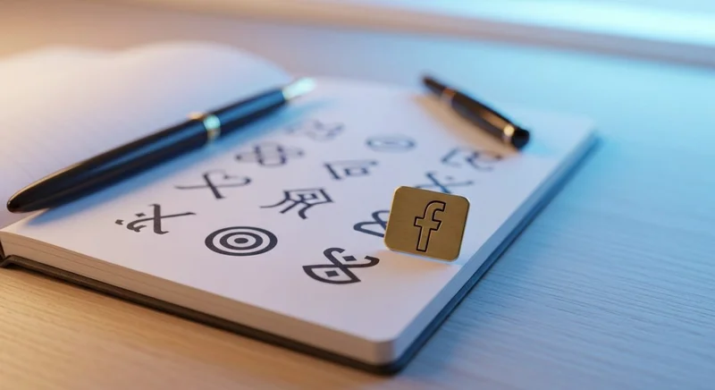 Cuaderno con símbolos y pluma elegante y insignia Facebook latón