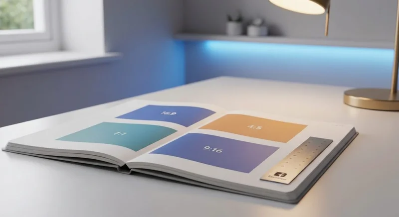 Cuaderno de diseño abierto muestra formatos de Facebook con logo minimalista