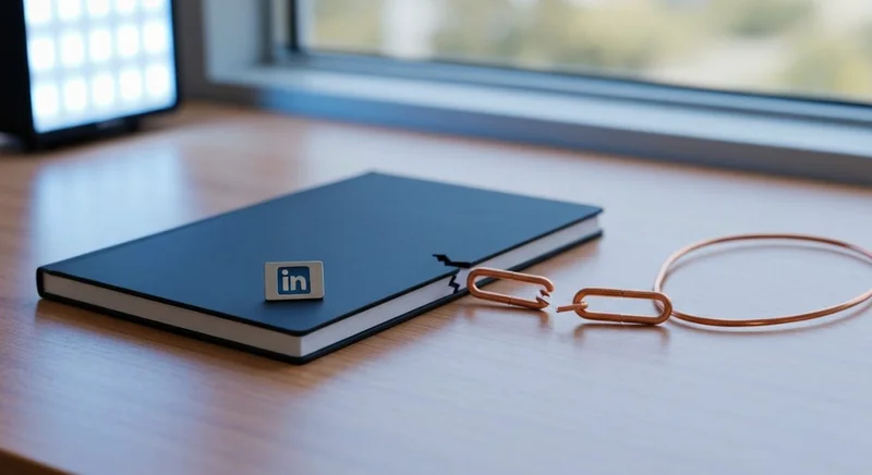 Cuaderno negro con insignia LinkedIn en esquina y cable cobre