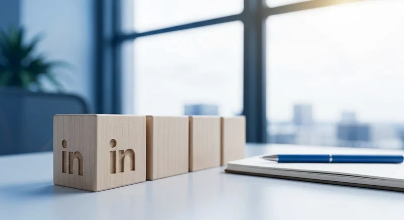 Cuatro bloques de madera clara alineados con logo de LinkedIn