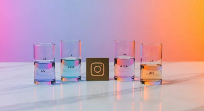 Cuatro cilindros de vidrio con líquidos coloreados y placa Instagram